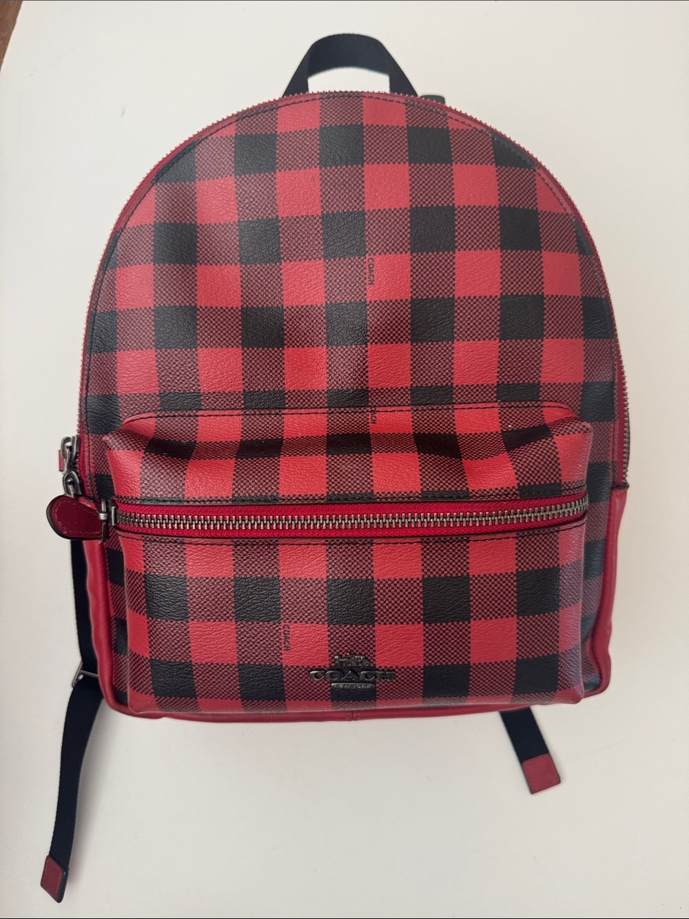 Coach Charlie Gingham Buffalo Plaid Leather Coated Canvas Medium Backpack F38949